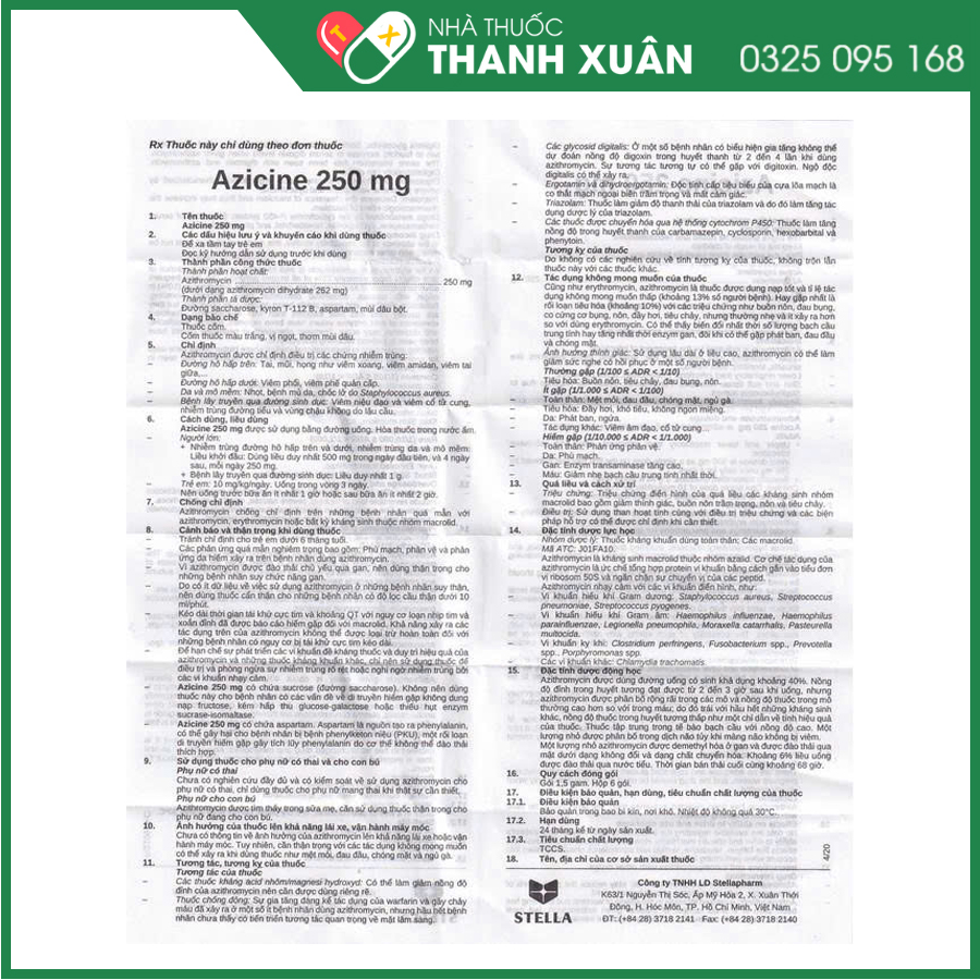 Azicine 250mg thuốc điều trị các chứng nhiễm trùng đường hô hấp trên và đường hô hấp dưới; da và mô mềm; các bệnh lây truyền qua đường sinh dục